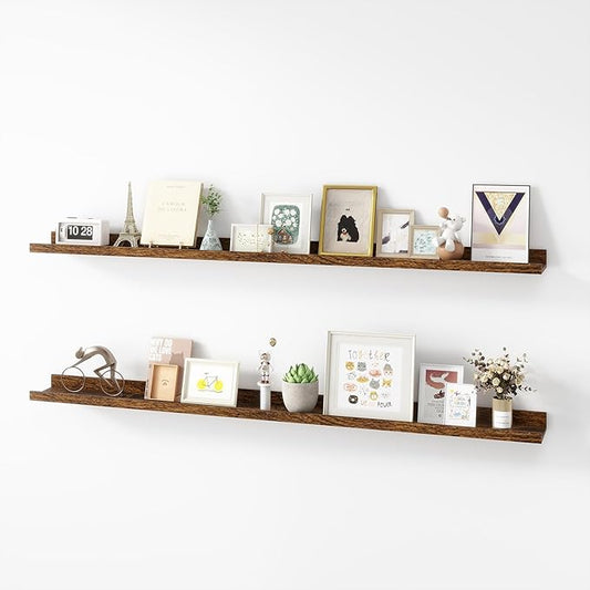 Picture Ledge Shelf, Wood Long Floating Shelves for Wall, Set of 2, 56 inch Picture Ledge Shelves, Photo Ledge Nursery Book Shelves Wall Mounted for Living Room Kids' Room Bedroom, Color Brown