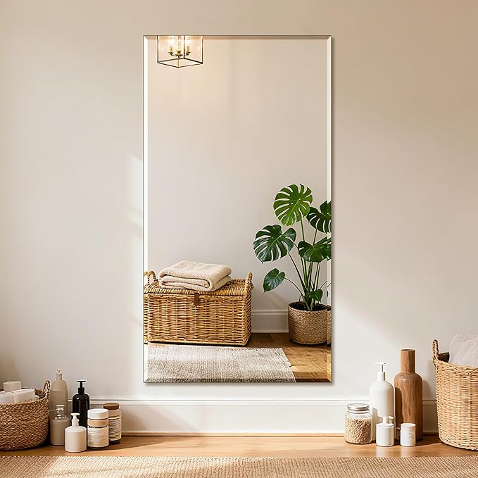 Ruomeng Frameless Mirror for Wall, 55x30 Inch Bathroom Vanity Mirror Farmhouse, Large Rectangle Mirror with Beveled Edge, Tempered Glass, Hangs Horizontally or Vertically