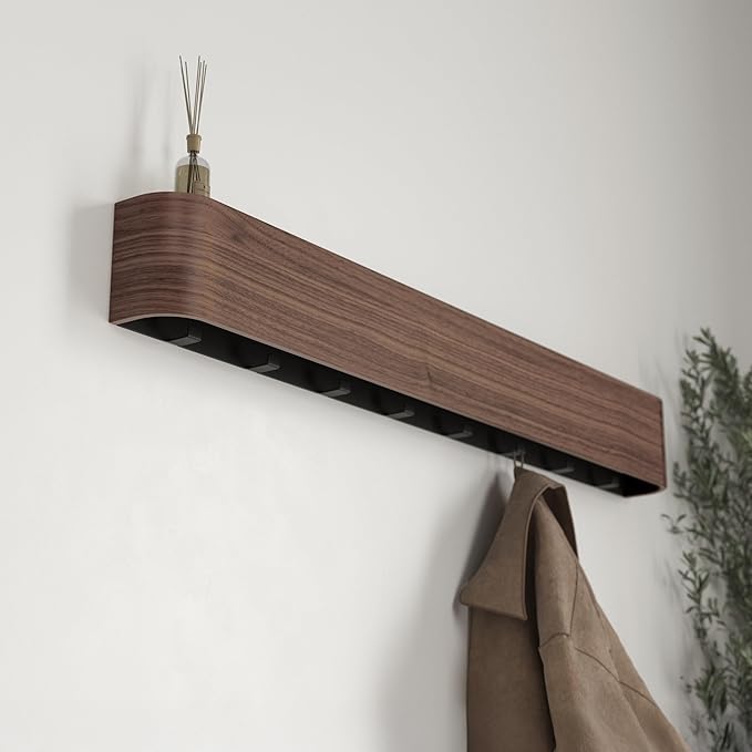 Kazai. Wall-Mounted Coat Rack 'Toke' - Modern Design with Hidden Wall Hooks - Solid Wood Veneer Panel Coat Hanger - Walnut