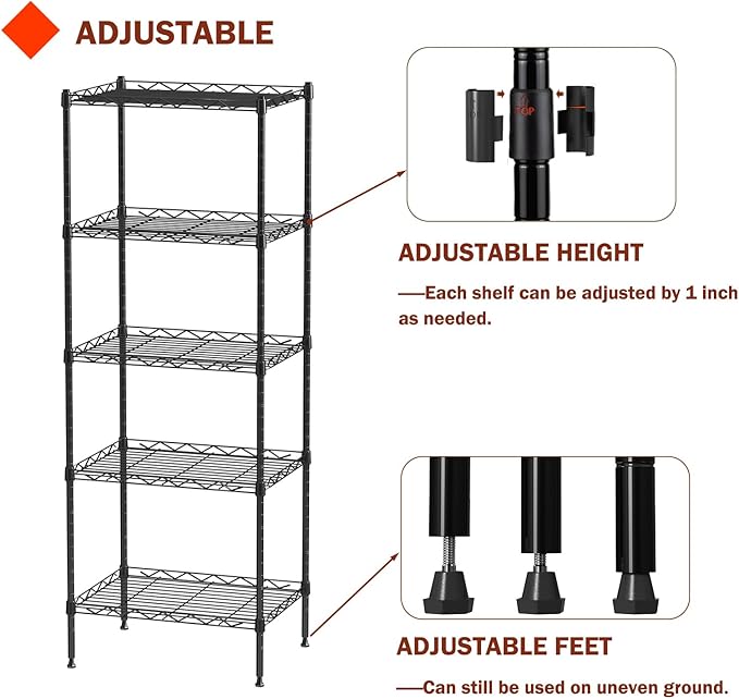5 Tier Standing Metal Wire Shelving Unit, Adjustable Height, Storage Shelf Units for Laundry Bathroom Kitchen Pantry Closet (11.6" D x 16.6" W x 49" H inches, Black)