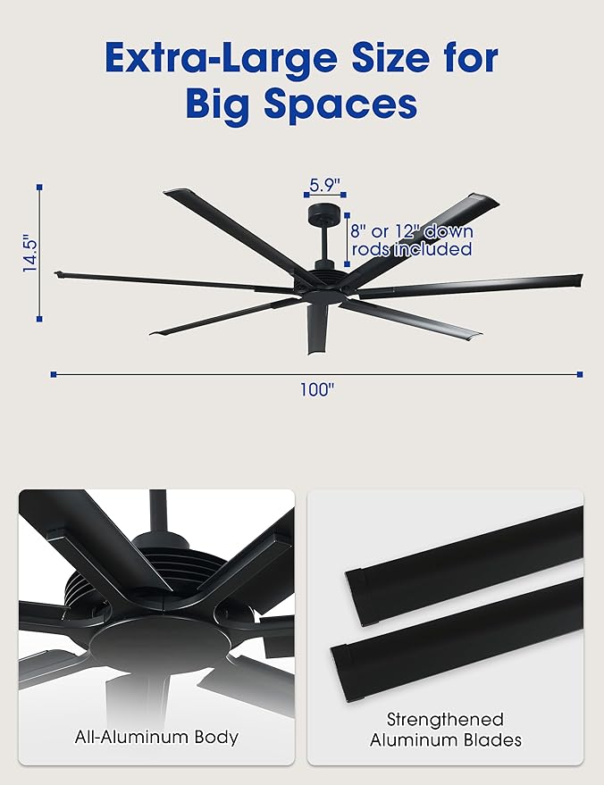 Industrial Ceiling Fans with Remote Control, 100 Inch Black Big Ceiling Fans without Lights for Living Room Shop Garage Bedroom Indoor Outdoor, 6-Speed Reversible DC Motor, Dimmable, 3CCT, Timer