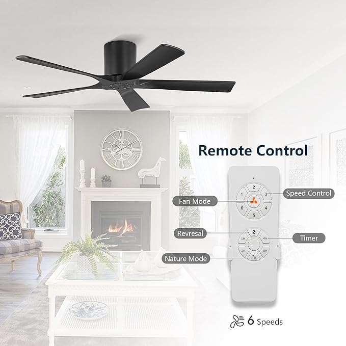 ELEHINSER 52 inch Low Profile Ceiling Fan without Light, 5 Solid Wood Blades, 6-Speed, Quiet DC Motor, Timer, Flush Mount Modern Ceiling Fan No Light with Remote for Living Room Bedroom, Black