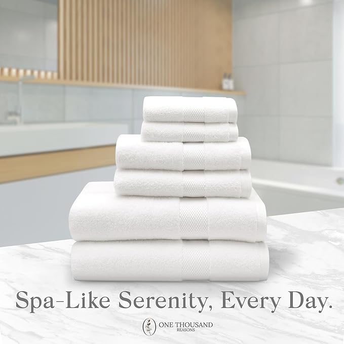 Premium Staple Cotton Bathroom Towel Set - White 600 GSM 6-Piece Luxury Bath Towel Set 1 Stripe - 2 Bath Towels, 2 Hand Towels & 2 Washclothes Set - High Absorbent & Quick Dry for Gym, Spa, Hotel