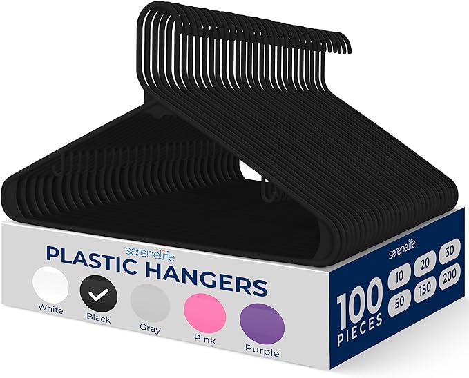 SereneLife 100 Pack Black Plastic Hangers – Ultra Lightweight Non-Slip Slim Clothes Hanger Set for Shirts, Pants, Coats & Dresses – Heavy Duty Space Saving Closet Organizer
