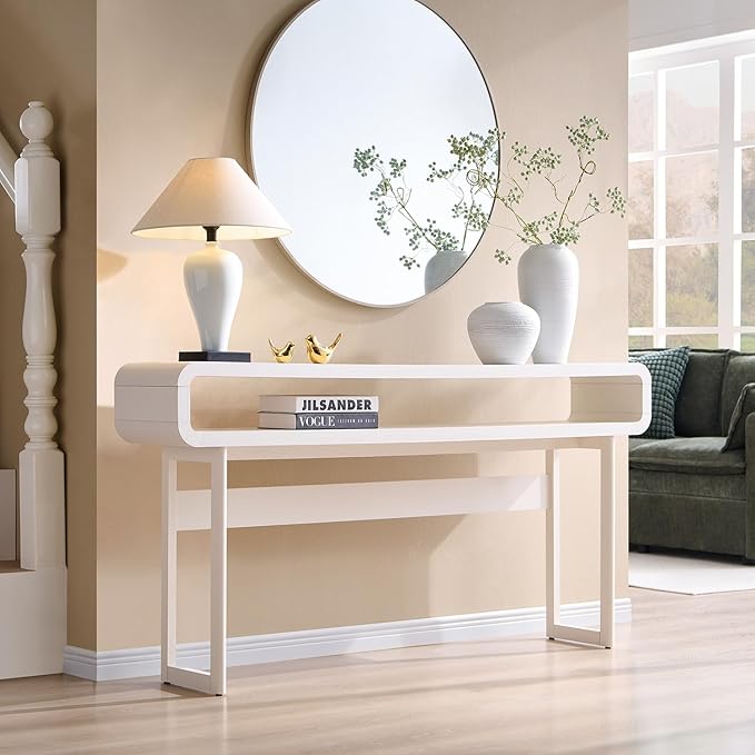 63-Inch Long Console Table, 31.5" Tall Modern Entryway Table with Open Storage Shelf, Curved Profile Design, Narrow Wood Sofa Table Behind Couch Table for Living Room, Hallway, Foyer, White