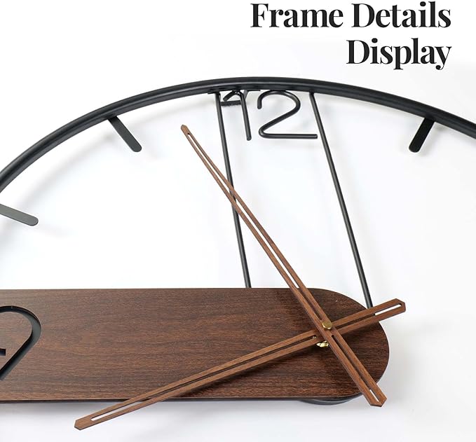 Modern Large Wall Clock 24 Inch, Wood Metal Frame Silent Non Ticking Battery Operated Wall Clocks Decoration for Living Room, Bedroom, Kitchen, Minimalist Walnut Dial Arabic Numerals