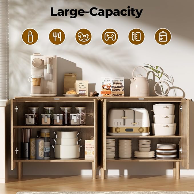 Sideboard Buffet Storage Cabinet - Wood Cabinets with Adjustable Shelves Fluted Doors, Anti-Tip Console Table for Kitchen Dining Living Room or Entryway Hallway, Easy Assembly, Natural