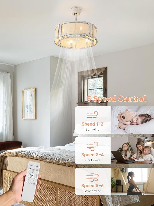 20" Boho Fandelier Ceiling Fan with Light,6 E12 Bulbs Include, Rattan Chandelier Ceiling Fans with Lights Remote Control, Mid-Century with 6 Speeds for Bedroom, Nursery, Living Room