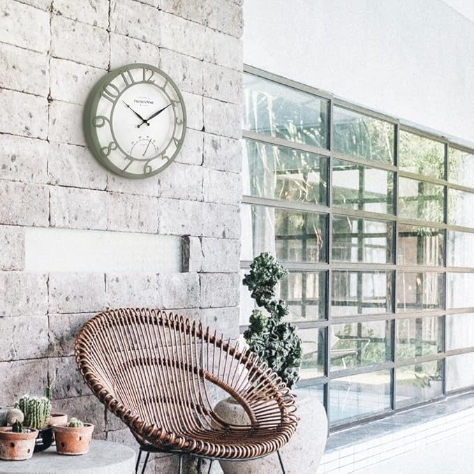 Presentime & Co 13" Farmhouse Outdoor Wall Clock w/Outdoor Thermometer, Modern Style, Raised 3D Arabic Numerals, Olive/Sage Green Finish (Wall Clock for Patio, Cottage, Poolside, Garden Spaces)