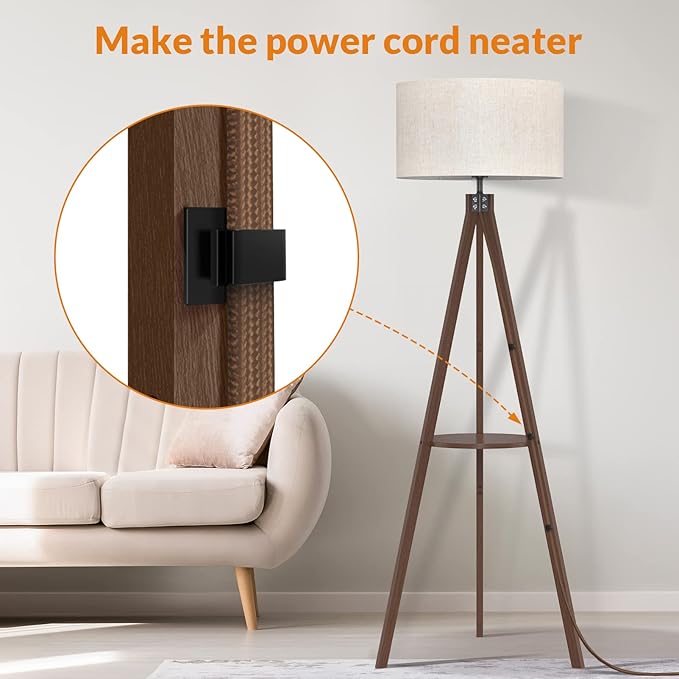 LEPOWER Mid Century Wood Standing Lamp, Modern Design Shelf Floor Lamp for Living Room, Bedroom, Office, Flaxen Shade with E26 Base, Perfect for Reading or Ambient Lighting Dark Brown
