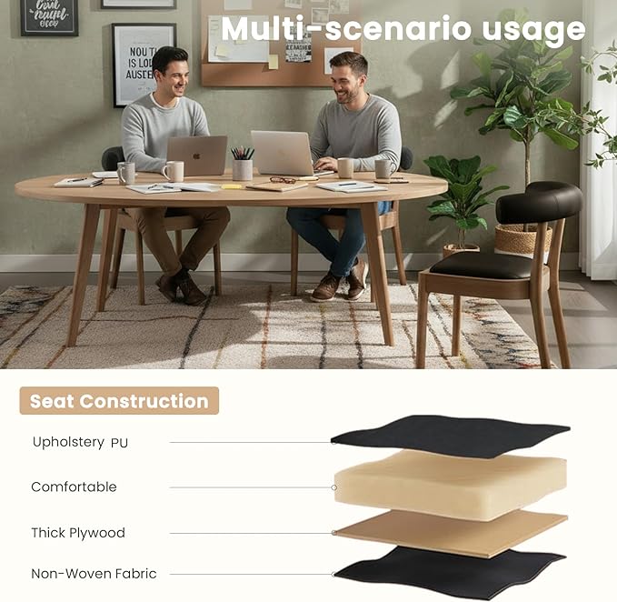 Kmax Dining Room Chairs Mid-Century Modern Leather Kitchen Chairs with Natural Walnut Finished Frame, PU Curved Back, Set of 6, PU Black