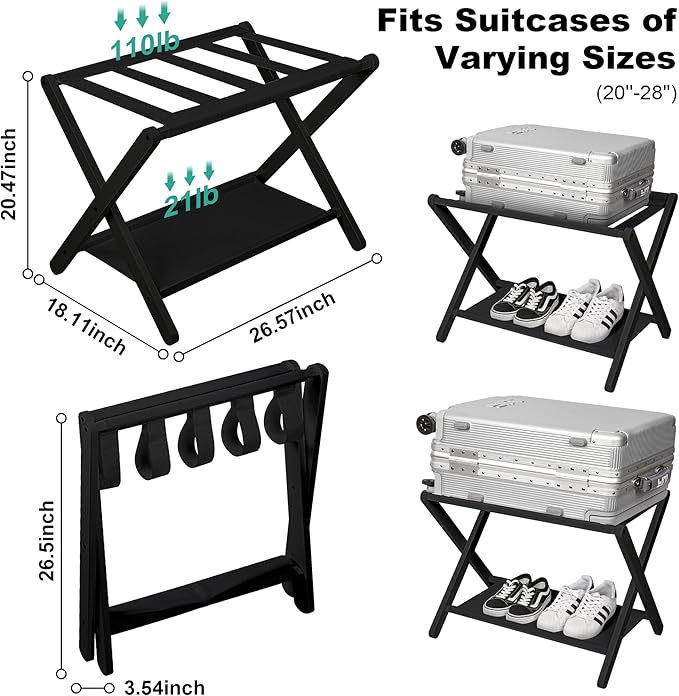 VASMIA Luggage Rack, Folding Suitcase Stand with Storage Shelf,Bamboo Luggage Stand for Guest Room,Bedroon and Hotel,Holds up to 131 lb,Fit Most Luggage Size,Black