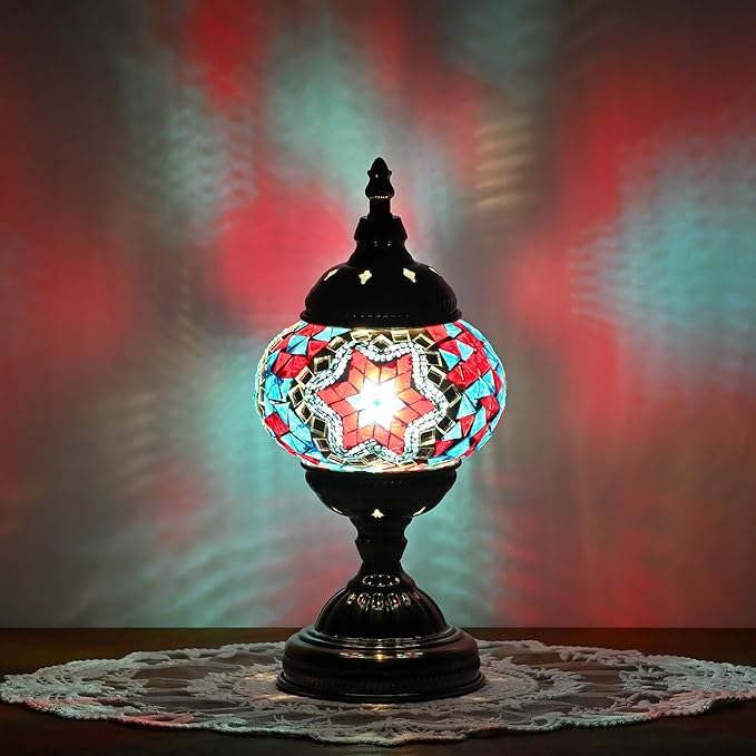 Turkish Moroccan Table Lamp Lantern with Handmade Mosaic Glass Lampshade Tiffany Style Bohemian Stained Glass Decorative Desk Lamps Bedside Night Lights for Bedroom (Blue Red)