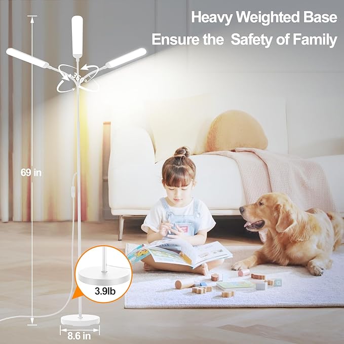 White LED Floor Lamp, 18W 1800lm Super Bright Dimmable Floor Lamps for Living Room Bedroom with Timer, Stepless Adjustable 2700K-6500K Colors & Brightness Standing Lamp with Remote & ON/Off Switch