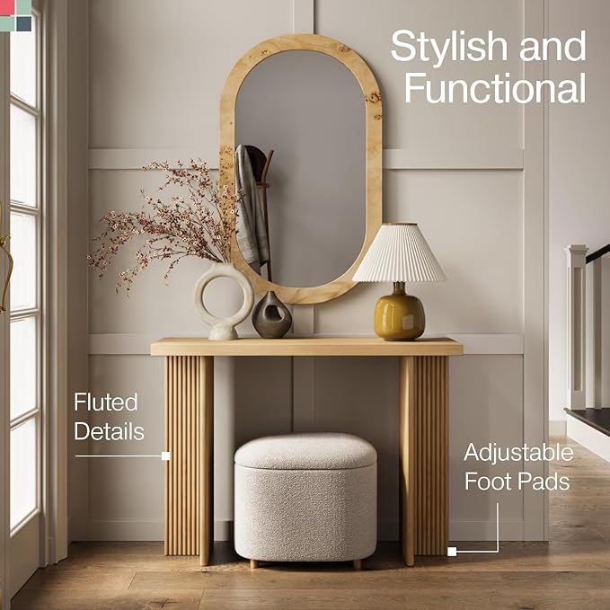 Modern Console Table - Natural Oak, Fluted Solid Wood - Slim Entryway Table with Drawers & Curved Cross Base