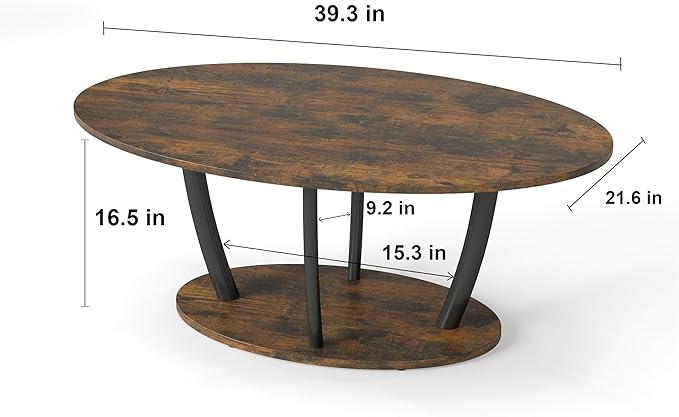 Manora Rustic Small Oval Coffee Table for Living Room, Narrow Wood Center Table with Shelf, Retro Style Coffee Table with Curved Metal Legs, Stable and Easy Assembly, Dark Brown