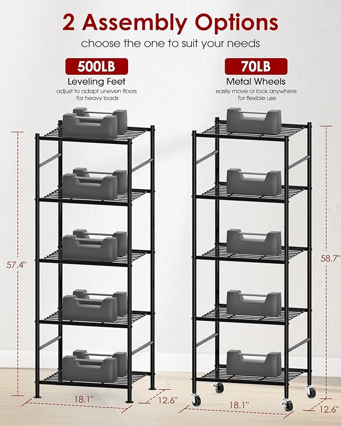 Storage Shelves Organizer - 5 Tier Metal Shelf Organizer with Metal Wheels and Adjustable Leveling Feet, Heavy Duty Garage Shelving for Kitchen, Pantry and Closet, 18.1"x12.6"x58.7", Black