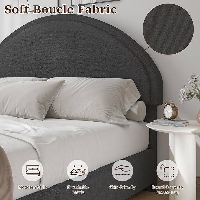 Queen Bed Frame, Boucle Upholstered Platform Bed Frame with Headboard, Soft Platform Bed with Round Conner, No Box Spring Required, Easy Assembly, Dark Grey