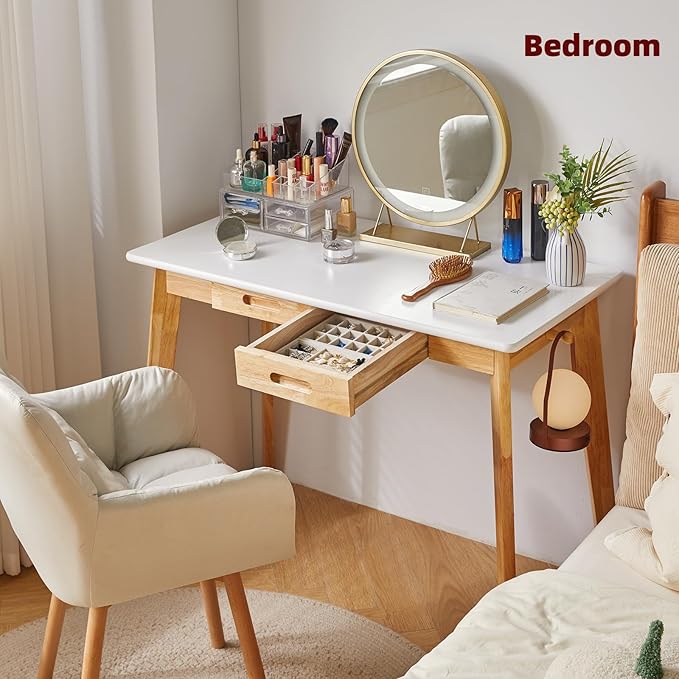 Small Computer Desk Table, Wood Writing Desk with Drawer and Hanging Rod, 39x20x30inch Study Desk, Work Desk, Wooden Dining Table White + Natural Wood Legs YD-WD01WN
