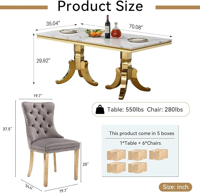 Goujxcy Faux Marble Dining Table Set for 6, Modern 7-Piece Dining Table Set with 6 Velvet Upholstered Chairs, 70" Large Long Faux Marble Kitchen Dining Room Table and Chairs with Stainless Steel Legs