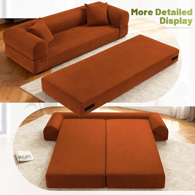 Convertible Folding Sofa Bed,80" Pull Out Couch with Pillows & Storage Pocket,Modular Futon Bed Corduroy Queen Sleeper Sofa in a Box,Compression Boneless Couch for Living Room,Orange
