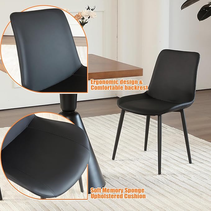 Black Leather Dining Chairs Set of 4, Mid Century Modern Faux Leather Kitchen & Dining Room Chairs, Comfortable Dinner Chair Kitchen Chairs for Restaurant Living Room, Cafe, Home (4, Black)