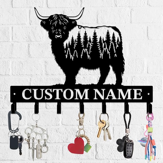 Personalized Highland Cow Metal Keys Hooks,Custom Name Metal Highland Cow Keys Hooks,Black Metal Highland Cow Wall Home Storage Decorative Keys Hooks,Key Holder Hooks for Wall (Style H)
