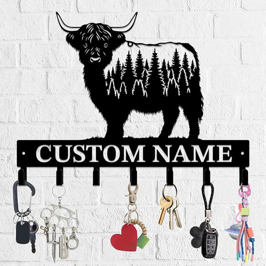 Personalized Highland Cow Metal Keys Hooks,Custom Name Metal Highland Cow Keys Hooks,Black Metal Highland Cow Wall Home Storage Decorative Keys Hooks,Key Holder Hooks for Wall (Style H)
