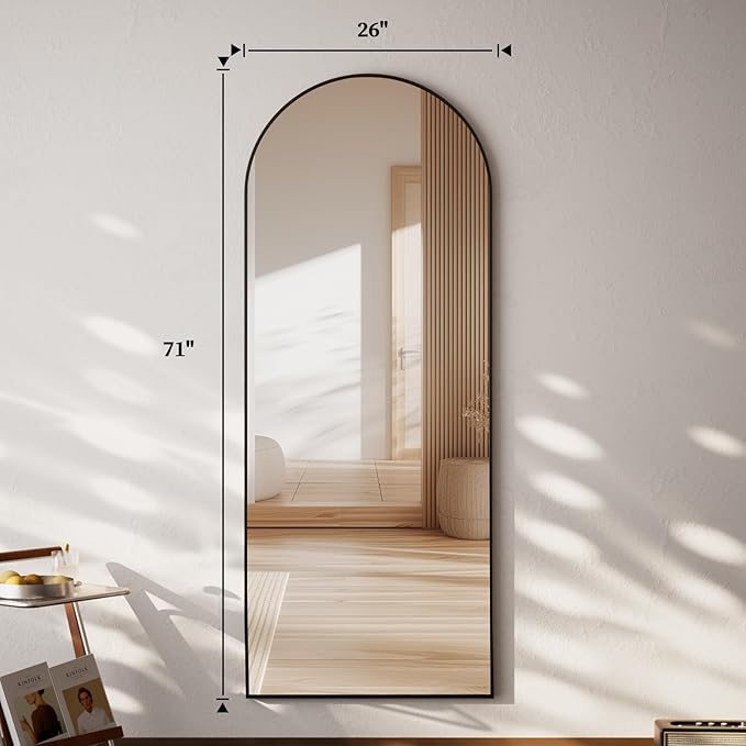 71 x 26 inch Arched Full Length Mirror - Full Body Floor Mirror, ShatterVue Tempered Glass, Standing, Leaning, Wall Mounted for Living Room, Bedroom, Black