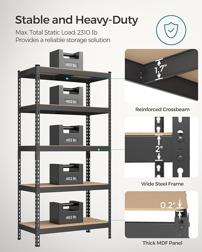 SONGMICS 5-Tier Storage Shelves, Load 2310 lb, Garage Storage, Boltless Assembly, Adjustable Shelving Unit, 17.7 x 35.4 x 70.9 Inches, for Study Shed Basement, Black and Natural Beige UGLR450B01