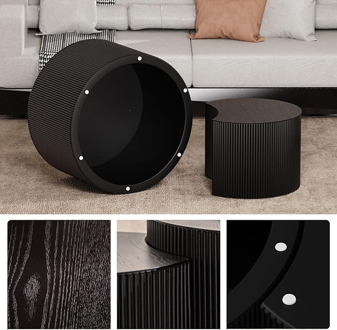 Round Nesting Coffee Table Set 2 Piece, Modern DrumStackable Side Table for Living Room/Bedroom Small, Space-Saving Accent Furniture with Scratch-Resistant Design (A Black 27.56 in)