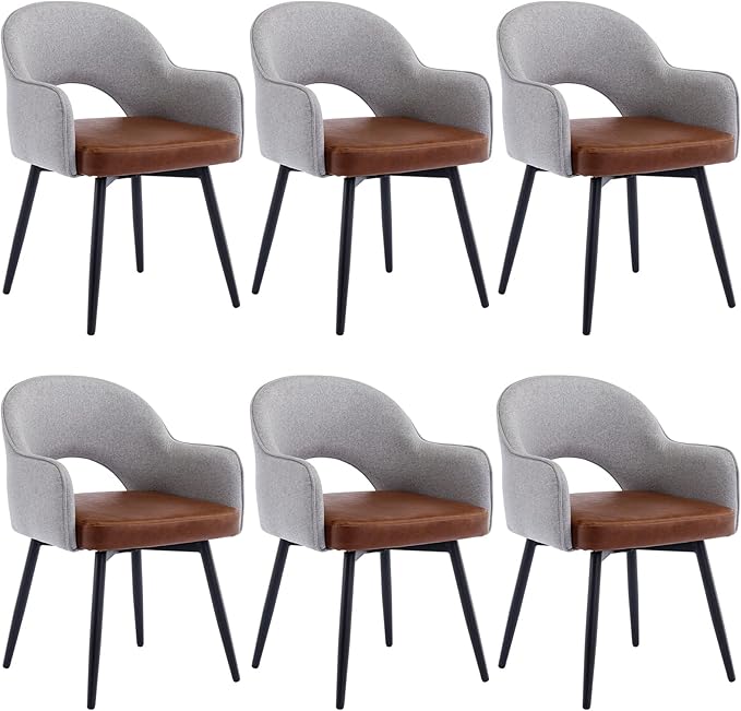 DUOMAY Modern Swivel Dining Chairs Set of 6, Linen & Faux Leather Upholstered Accent Side Chair, Home Office Desk Chair with No Wheels for Dining Room Living Room Office, Light Grey