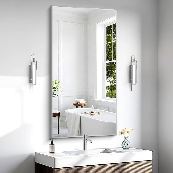 BONEWEI Silver Bathroom Mirror,24x48 inch Wall Mirror for Bathroom Wall Mounted,Large Rectangle Mirror for Bathroom Over Sink,Modern Metal Frame for Living Room,Bedroom Entryway,Horizontal/Vertical