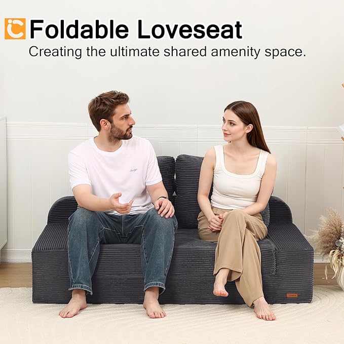 COMAX Convertible Sofa Bed Queen, Folding Floor Couch Corduroy Fold Out Couch Bed Sleeper Mattress with Back Pillows, Boneless Pull Out Loveseat Comfy Futon Lounge for Living Room Bedroom, Grey