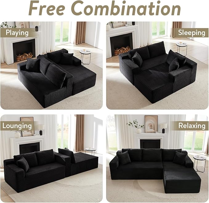 104 Inch Cloud Sectional Couch with L-Shape Chaise,Modern Upholstered Couches with Deep Seat,Corduroy Sponge Compressed Sofa for Living Room, Bedroom,No Assembly Required(Black)
