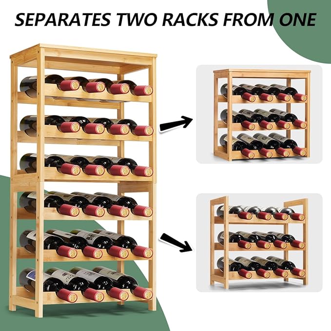 Wine Rack 24-Botttle Freestanding Floor, 6-Tier Wine Rack Shelf with Table Top, Bamboo Display Wine Storage Shelves Kitchen Bar Dining Room Living Room, Natural