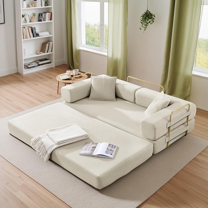 Antetek Convertible Futon Sofa Bed, 3-Seater Modern Corduroy Foam Floor King Size Bed Fold Out Sleeper Lounge Loveseat Sofa Couch with 2 Throw Pillows for Living Room Bedroom Guest Room, Beige