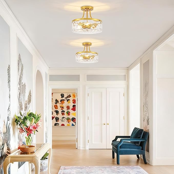 11.81" Modern Gold Semi Flush Mount Ceiling Light, Hammered Glass Hallway Light Fixtures, Entryway Light Fixture, 3-Light Lighting Fixtures for Kitchen Island Dining Room Bedroom Laundry, UL Listed