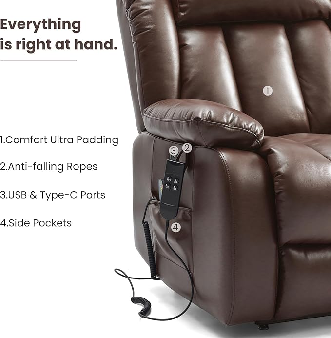 PARKOL Dual Motor Power Lift Recliner Chair for Elderly, 180-Degree Infinite Position Lay Flat Leather Recliner Chairs, with Massage and Heating, USB & Type-C Port and Remote (Brown, Medium)