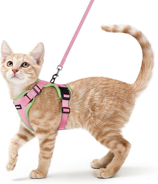rabbitgoo Cat Harness and Leash for Walking, Escape Proof Soft Adjustable Vest Harnesses for Cats, Easy Control Breathable Reflective Strips Jacket, Green&Pink, S