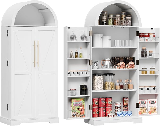 65" H Arched Kitchen Pantry Cabinet, Modern Farmhouse Storage Cupboard with Adjustable Shelves, White Freestanding Wood Cabinet for Kitchen, Living Room, Dining Room
