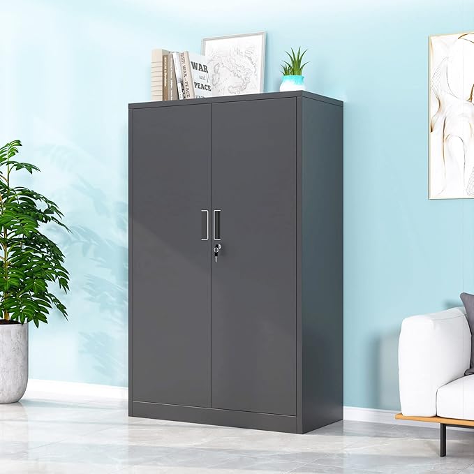 Metal Storage Cabinet with Locking Doors and 3 Adjustable Shelves, 53.5-Inch Lockable Storage Cabinets for Home Office Garage Kitchen Pantry (Black)