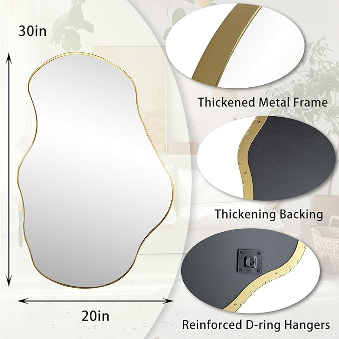 Irregular Mirror, 30"x20" Asymmetrical Mirror with Gold Metal Frame, Modern Funky Odd Shaped Mirrors, Abstract Wall Mirrors for Living Room Bathroom Bedroom Hallway Entryway Fireplace