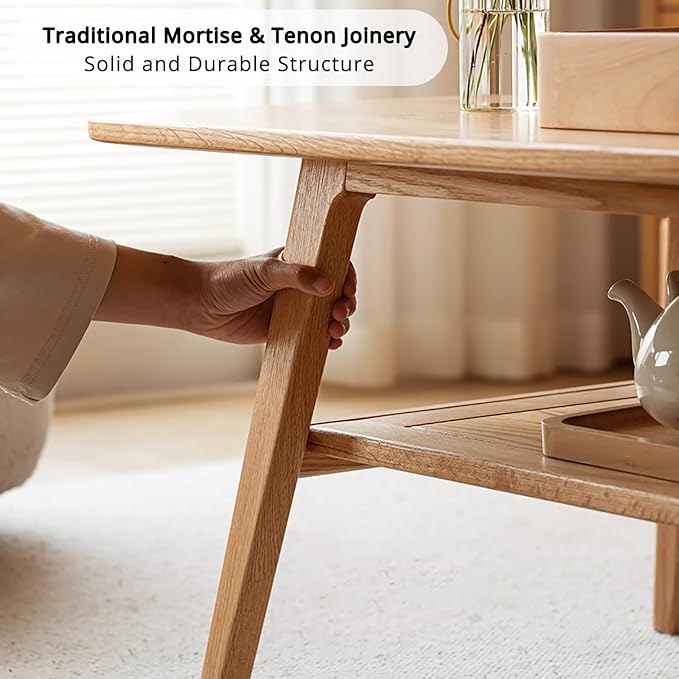 Wood Coffee Table - 100% Solid Oak Wood- 2-Tier Coffee Table with Storage for Living Room, Eco-Friendly Finish, Easy Assembly (Natural, 47.24" D x 22.04" W x 17.32" H)