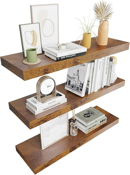 Floating Shelves for Wall Set of 3, 24in Hanging Shelf for Books, Storage, Room Decor, Rustic Wood Wall Mounted Shelves for Bathroom, Toilet, Bedroom, Living Room, Kitchen, Office, Rustic Brown