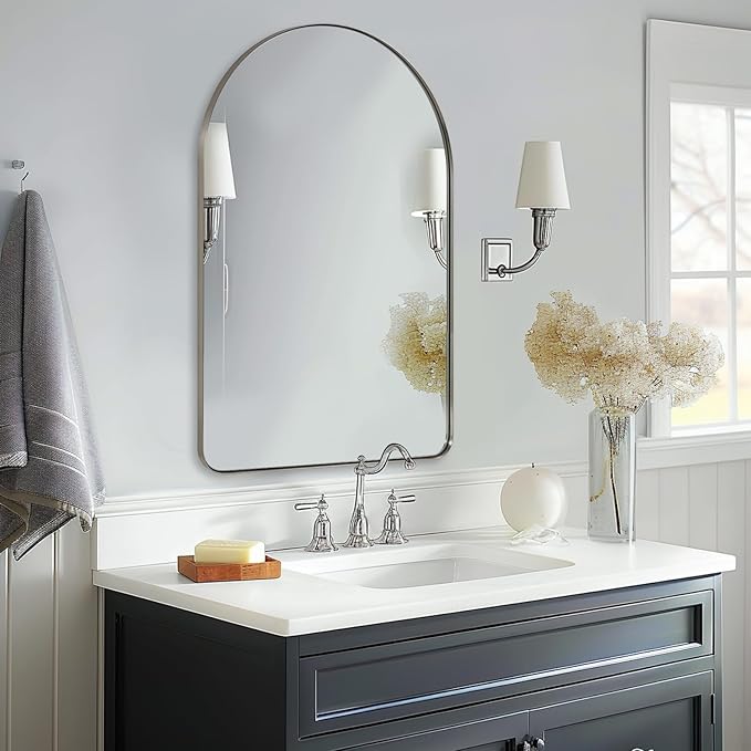 ANDY STAR Arched Mirror, 22" x 35" Brushed Nickle Bathroom Mirror in Stainless Steel Metal Frame, Arch Top Rounded Corner 1" Deep Set Design Wall Mount Hangs Vertical
