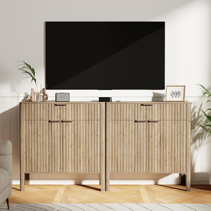 Sideboard Buffet Cabinet with Storage - Modern Fluted Credenza with Doors & Drawer, Accent Cabinet Coffee Table Bar Counter Bookcase for Living Room Kitchen Dining Room Entryway 31" H Oak