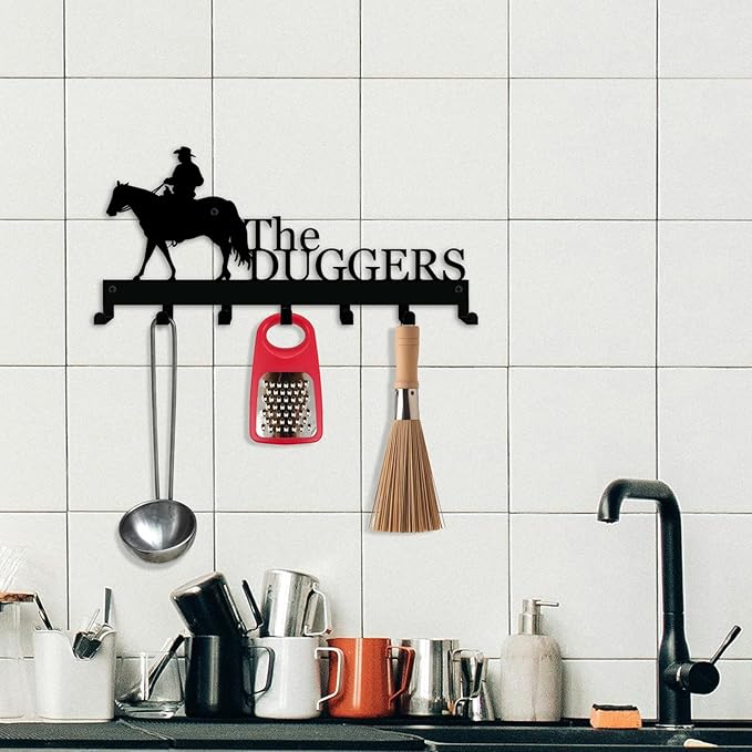 Personalized Key Holder with Name, Custom Metal Cowboy Horse Silhouette Key Rack Hanger, Wall Organizer with 7 Hooks for Entryway, Front Door, Hallway, Kitchen, Farmhouse Décor