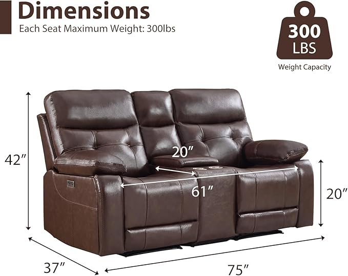 CANMOV Genuine Leather Power Recliner Loveseat, 2 Seat Loveseat Reclining Sofa with Storage Console,Hidden Cup Holders,Modern Electric Recliner Couch Set for Living Room, Bedroom,Dark Brown