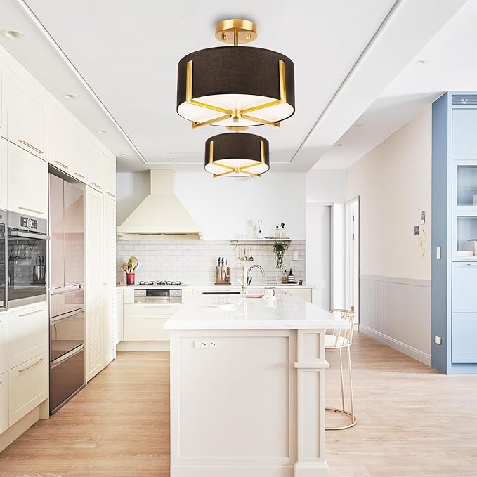 3-Light Semi Flush Mount Ceiling Light Fixture, 13.7" Gold Drum Light with Black Fabric Shade, Modern Close to Ceiling Lamp for Living Room Bedroom Dining Room Kitchen Hallway Entry Foyer